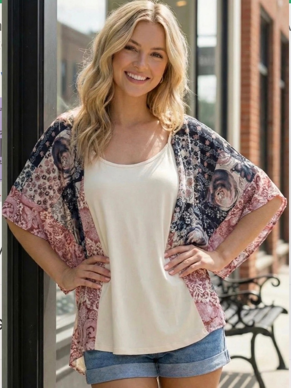 Lightweight Floral Kimono Cardigan - Pink & Navy